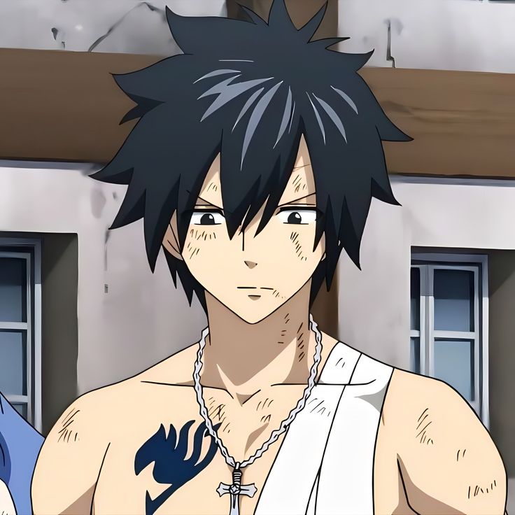 an anime character with black hair and no shirt on standing in front of a building