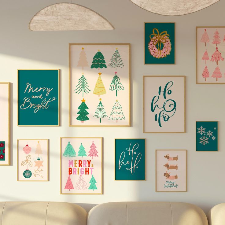 a living room filled with lots of framed christmas cards on the wall next to a couch