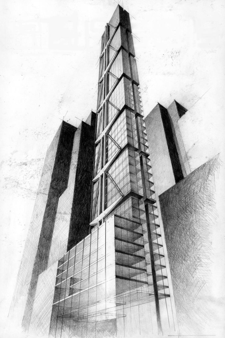 a drawing of a tall building with many windows