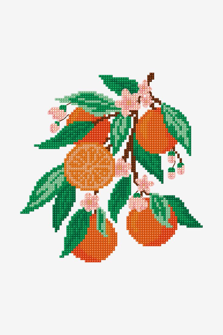 an orange tree with leaves and flowers is shown in the cross stitch pattern on a white background