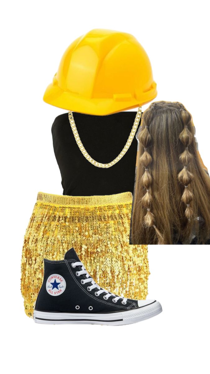 a yellow helmet, black shirt and gold sequin skirt with converse sneakers on it