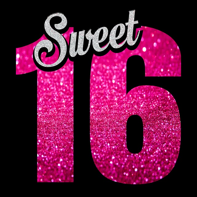 the number sixteen with pink glitter on it's side and the words sweet 16 above it