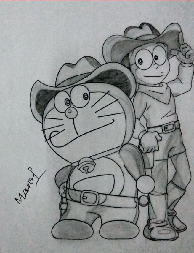 a pencil drawing of a cartoon character with a cowboy hat and cat on his back