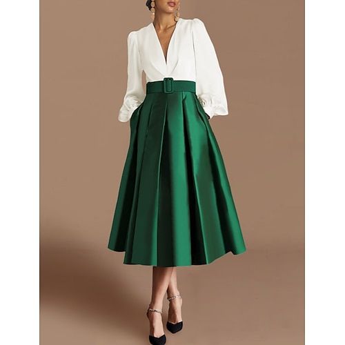 Silhouette:A-Line; Hemline / Train:Tea Length; Closure:Zipper UP; Built-In Bra:No; Embellishment:Ruched; Fabric:Satin; Sleeve Length:Long Sleeve; Tips:Colors may vary slightly due to different monitor settings,Professional dry cleaner only; Boning:No; Style:Color Block,Silky,Elegant; Occasion:Formal,Wedding Guest; Neckline:V Neck; Brand:TS Couture; Front page:Cocktail Dresses; Listing Date:12/22/2023; Bust:; Hips:; Hollow to Floor:; Waist: Knee-length Christmas Midi Dress, Green Knee-length Midi Dress For Holiday, Elegant White Christmas Dress, Green Skirt Outfits, Dress Formal Wedding Guest, Cocktail Dress Elegant, Cheap Cocktail Dresses, Formal Wedding Guests, Cocktail Dresses Online