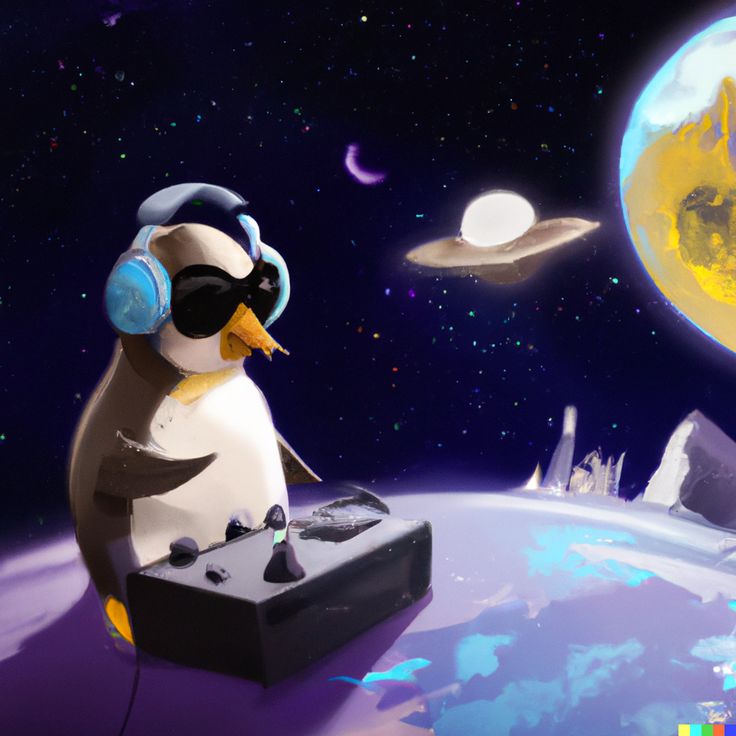 a penguin wearing headphones and listening to music in front of an alien landscape with planets