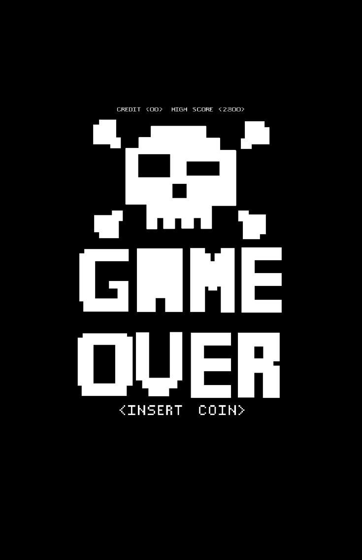 the game over logo is shown in black and white, with an image of a skull on