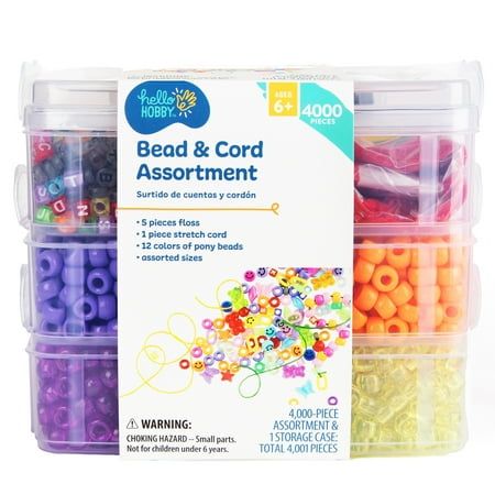 bead and cord assortment in plastic container with clear lid, assorted beads for children