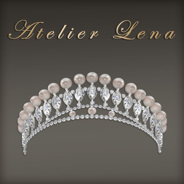 a tiara with pearls and diamonds on the side, in gold text reads feliver lena