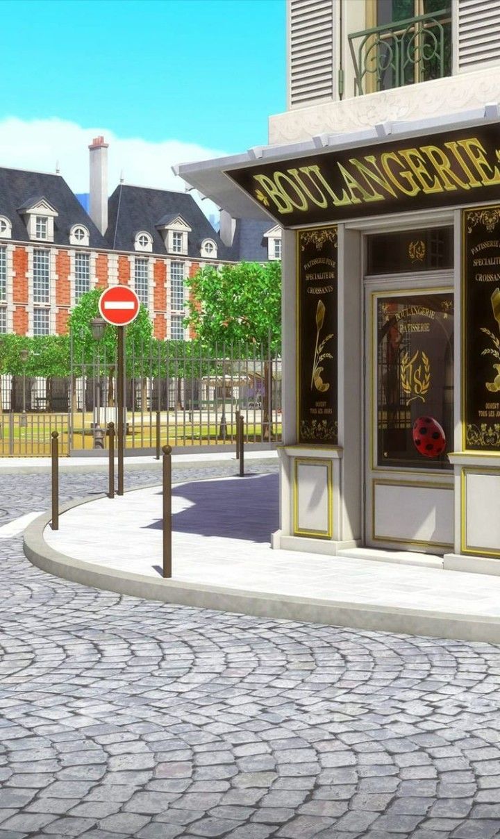 an animated image of a store front on a cobblestone street with buildings in the background