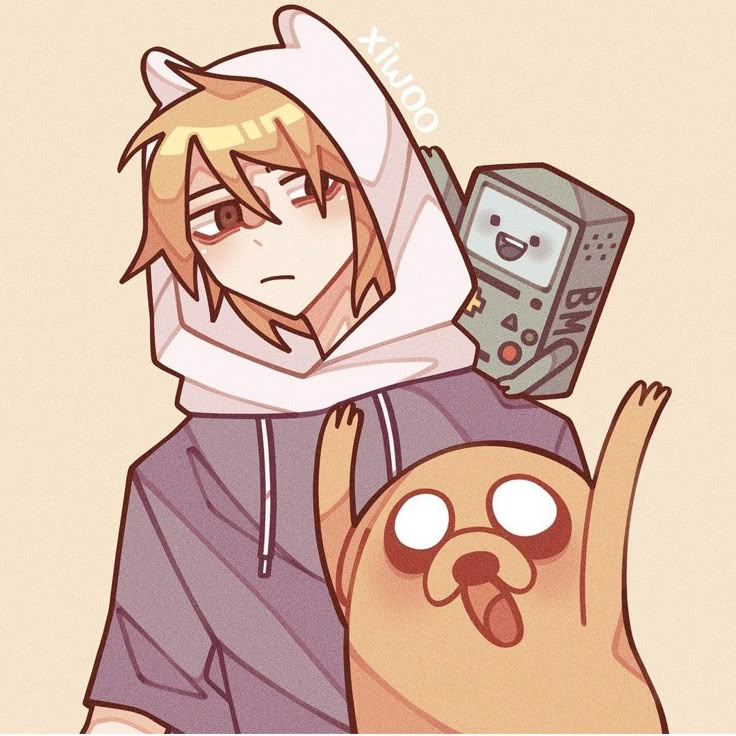 an anime character holding a cell phone and a cat on his shoulder with both hands