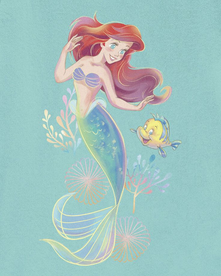 the little mermaid is holding her hair back and looking at a fish in its mouth