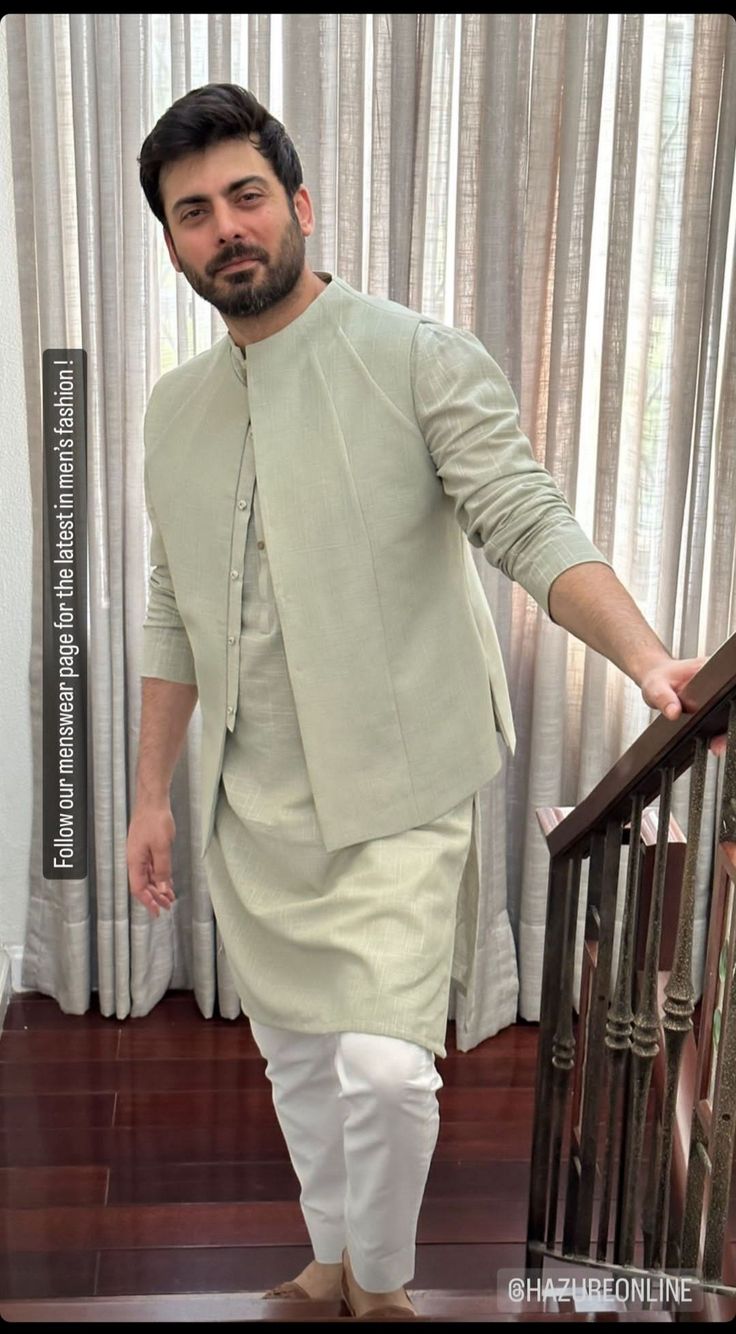 Designer Koti For Men, Men Shadi Outfits, Mehndi Clothes For Men, Mehendi Dress For Men, Mehndi Groom Outfit Pakistani, Kurta With Waist Coat For Men, Fawad Khan Kurta Pajama, Pakistani Wedding Outfits Men, Shadi Outfit For Men