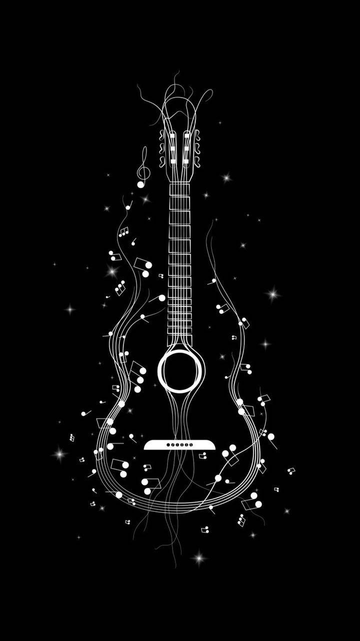 a black and white guitar with musical notes coming out of the neck, on a dark background