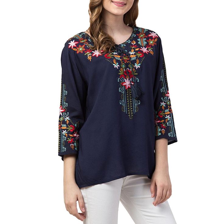 Raj Dahlia Tunic This elegant tunic is ready to make a statement with detailed floral embroidery and beautiful tassels to add on-trend interest. Pair with your favorite jeans and you're ready to go! Dream Catcher Images, Plus Size Tunic, Cowl Neck Tunic, Fancy Tops, Knit Tunic, Pullover Designs, Beautiful Embroidery, White Style, Ready To Go