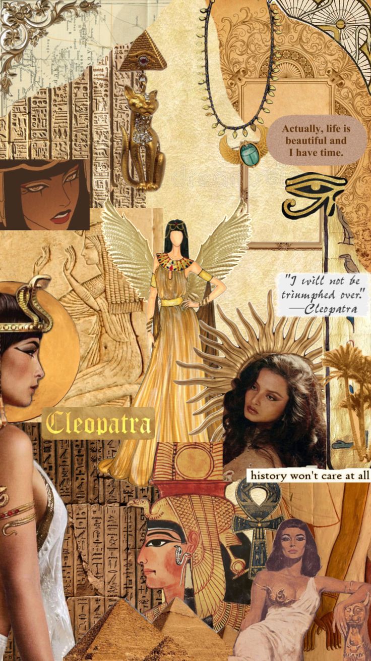 collage of egyptian women with gold jewelry and scarves on their heads, including an image of queen neferina