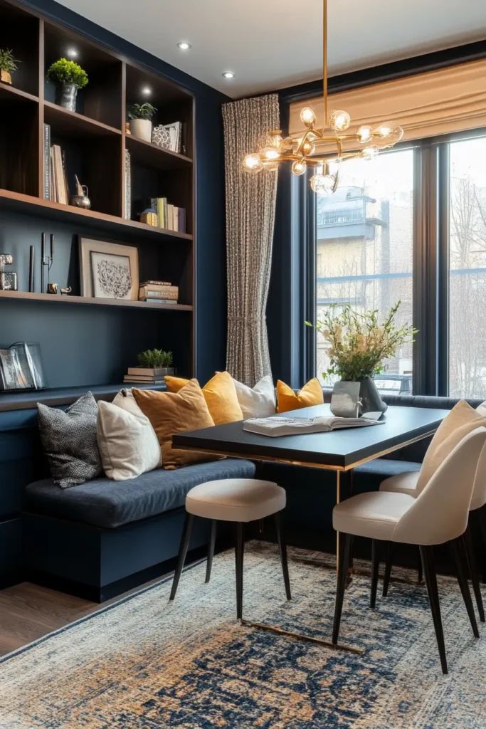 a living room with blue walls and furniture in the corner, along with a large window