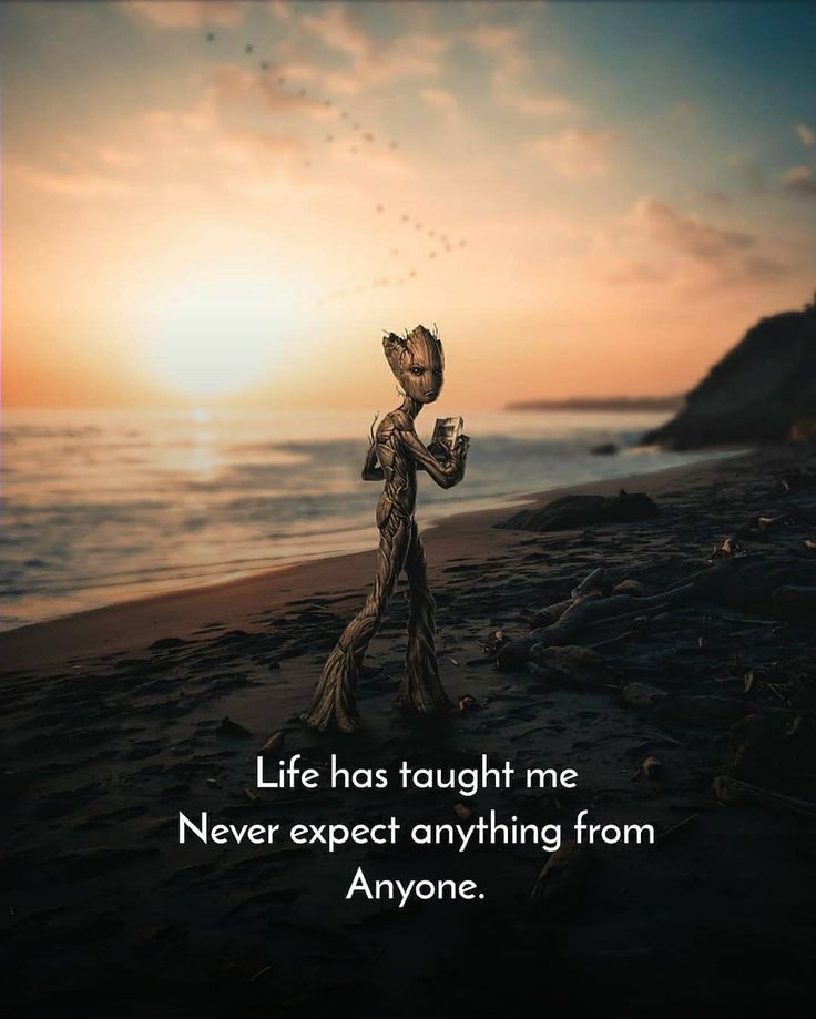 an alien standing on top of a beach next to the ocean with a quote about life that says, life has taught me never expect anything from anyone