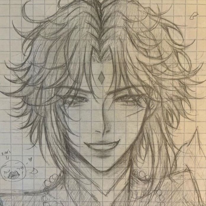 a pencil drawing of a person with long hair and an anime character's face