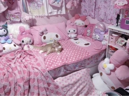 there is a cat that is laying on the bed in this room with hello kitty decorations