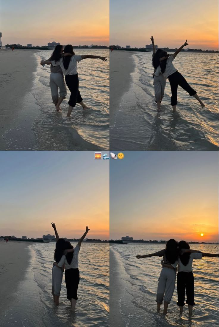 four pictures of two people standing in the water with their arms up and hands out