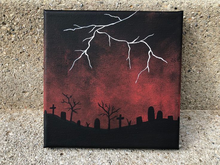 a painting of a graveyard with trees and tombstones in the foreground, against a dark red sky