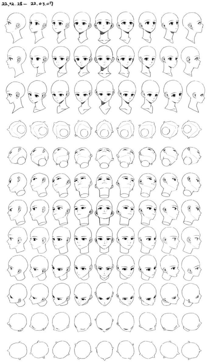 an image of the faces and head of people with different facial expressions, all drawn in one