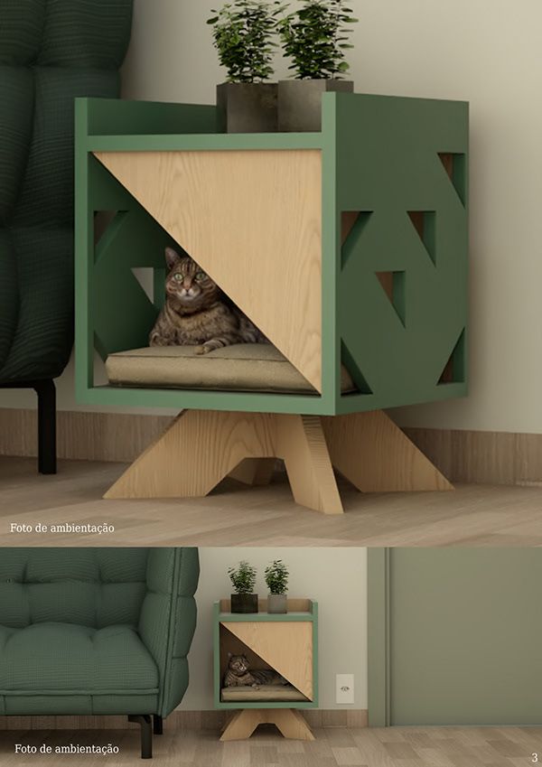 a cat is sitting in the corner of a green cabinet with a plant on top