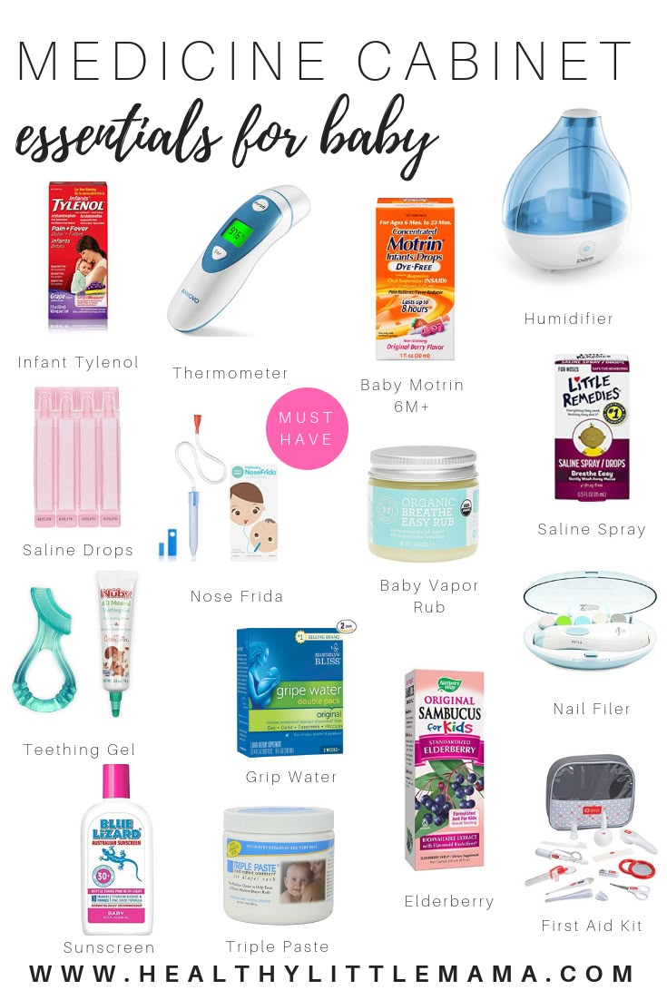 the contents of a baby's medicine cabinet with text overlay that says medical cabinet essentials for baby