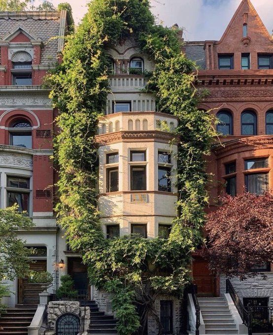 an old building with ivy growing on it's side and stairs leading up to the second floor