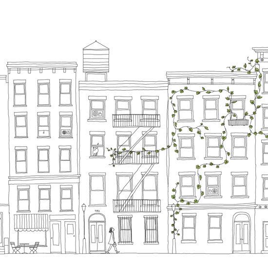 a drawing of an apartment building with many windows