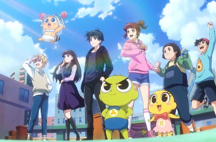 an anime scene with many people standing in front of the camera and one is holding up her hand