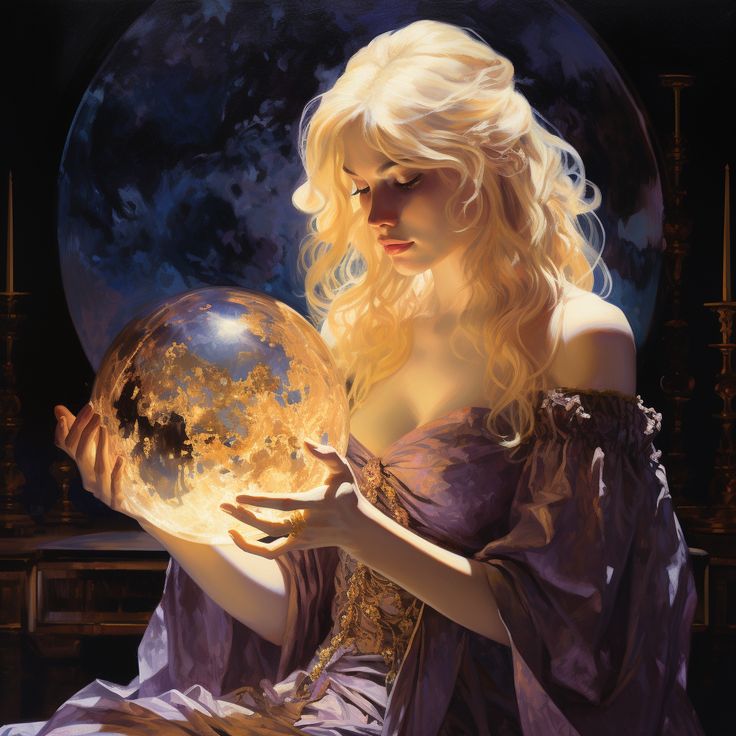 a painting of a woman holding a crystal ball