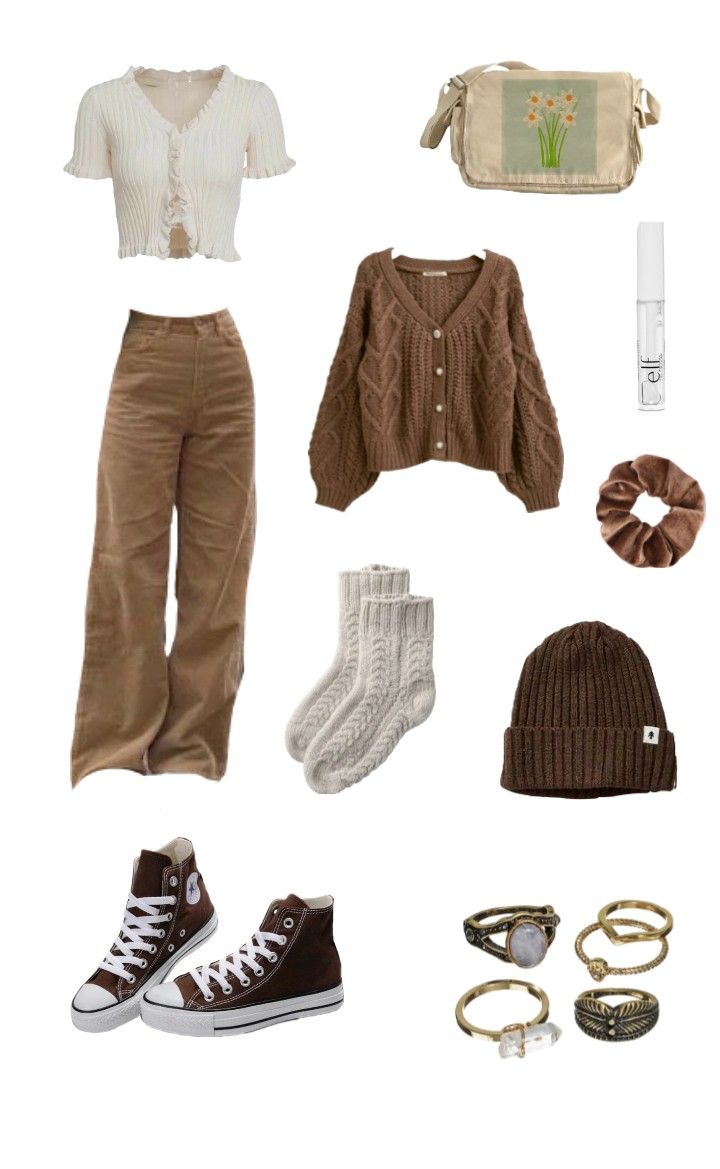 A white shirt, brown jeans, dark brown converse, brown cardigan, beige handbag with a flower picture printed on it. White socks, a brown scrunchie, transparent lip gloss, a brown beanie and old looking rings. They are all arranged randomly for inspiration. Codage Core Aesthetic Outfits, Aesthetic Core Outfits, Cottage Core Simple Outfits, Cottage Clothing Style, Cortege Core Outfits, Cottage Core Jeans Outfit, Cottage Core Fits Aesthetic, Fall Core Aesthetic Outfits, College Core Outfits