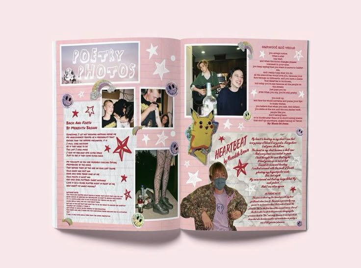 an open photo book with pictures of people and stars on the pages, in pink