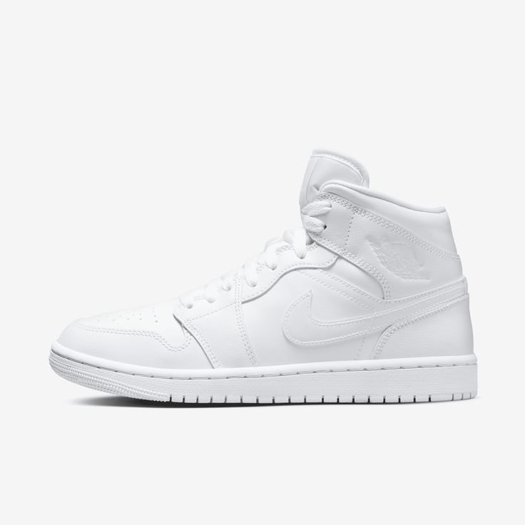 Never mess with a classic. Keep heritage on your feet with a white-on-white look that will never go out of style. Air Jordan 1 Mid Women, Air Jordan Mid, Nike Jordan 1 Mid, Jordan 1 Mid White, Jordan Mid, Perfect Sneakers, Jordan Model, Jordan Logo, Air Jordan 1 Mid Se