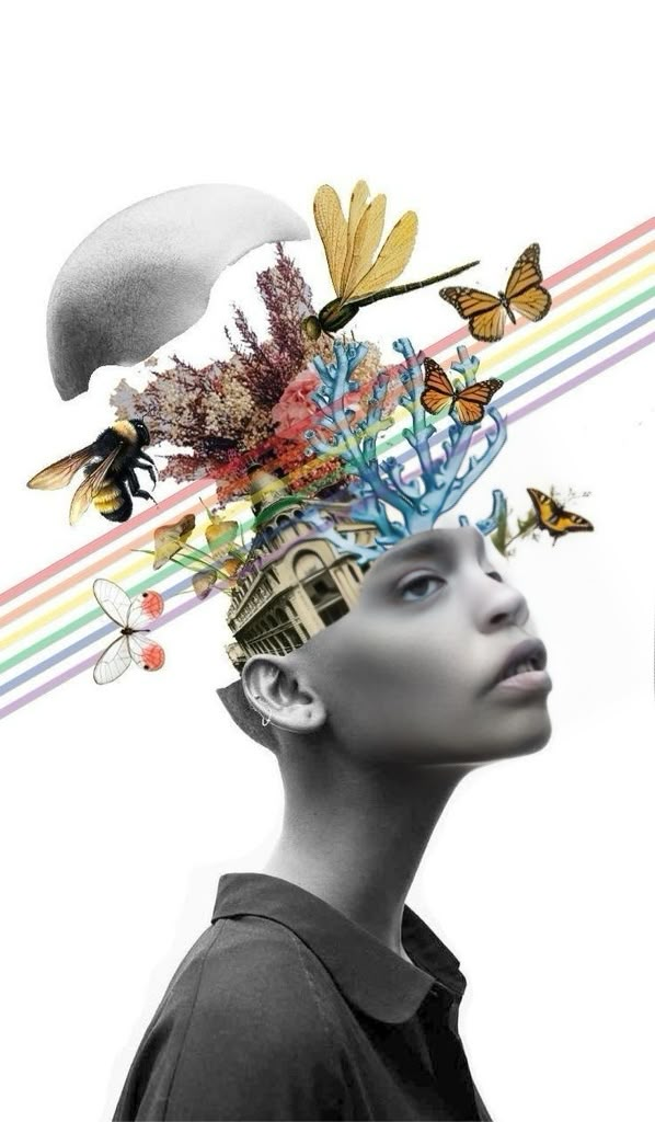 a woman with flowers and butterflies on her head