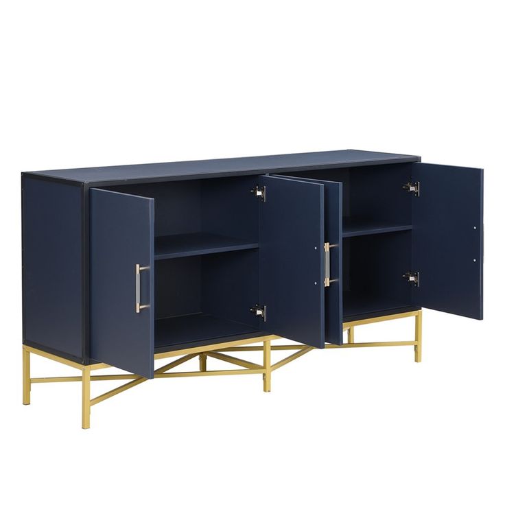 two blue cabinets with gold legs and doors on each side, one is open to reveal the