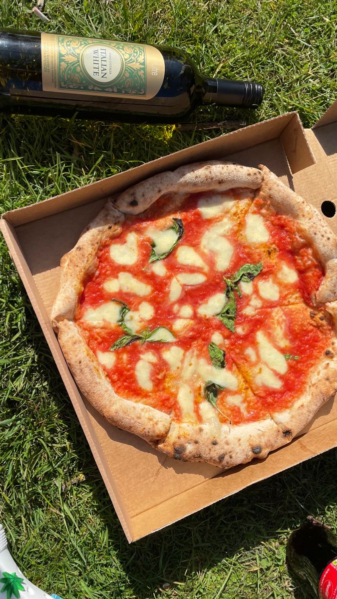 a pizza in a box on the grass next to a bottle of wine and sunglasses