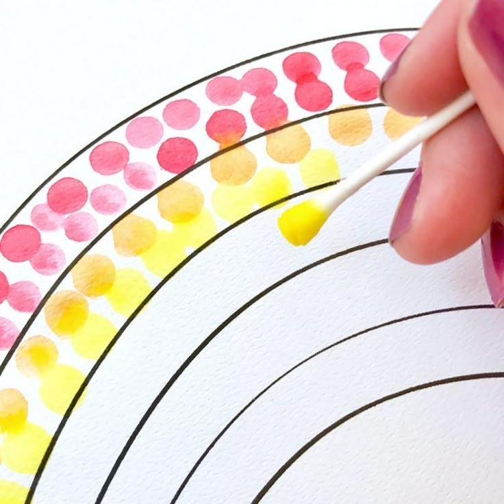 a hand holding a pencil and drawing on paper with circles in the middle, next to a rainbow