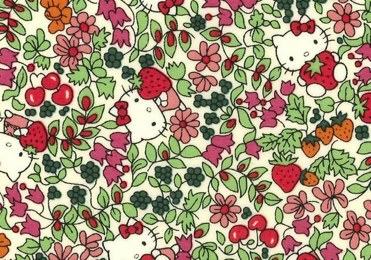 an image of hello kitty and strawberrys on white background with green leaves, red berries, and pink flowers