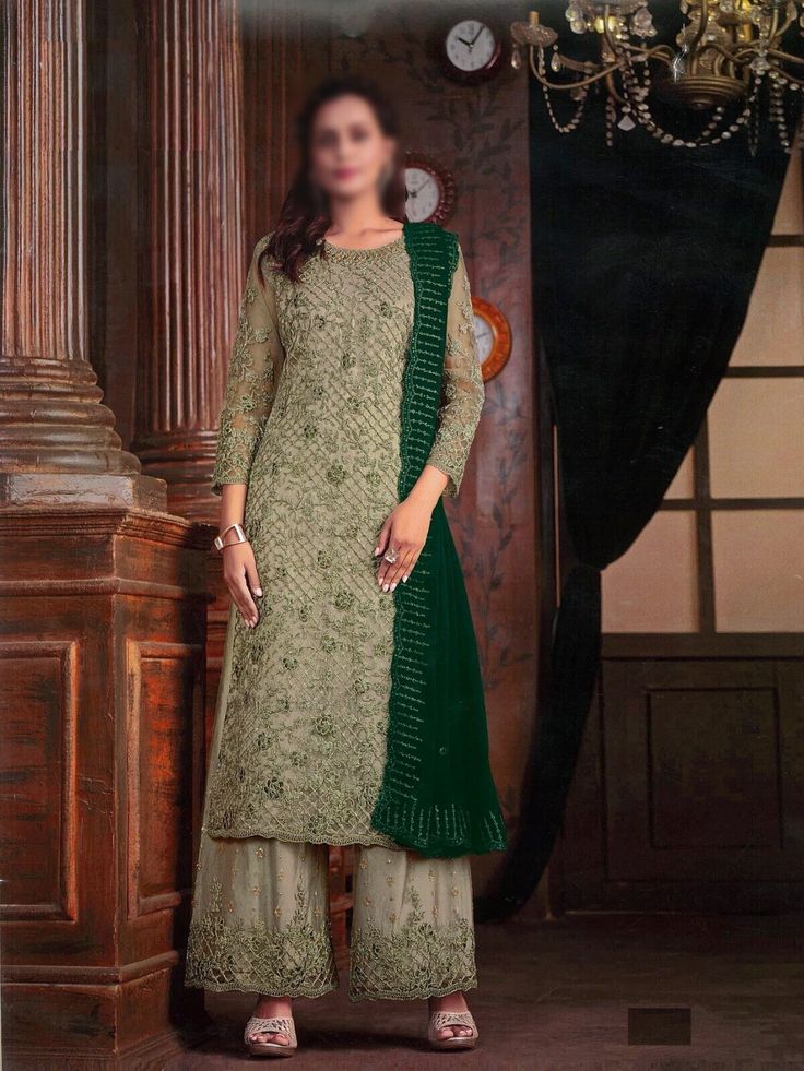 Green Heavy Embroidered Net Designer Palazzo Salwar Kameez Suit Pakistani Salwar Kameez Mens, Dori Embroidery, Butterfly Net, Sea Green Color, Georgette Dupatta, Palazzo Suit, Lehenga Style, Designer Salwar Suits, Salwar Kameez Designs