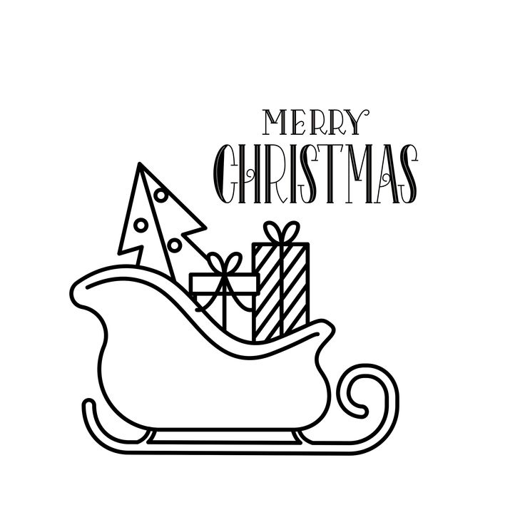 a black and white drawing of a sleigh with presents on it's back