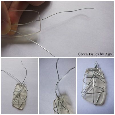 four pictures showing how to make wire wrapped pendants with green issues by agg