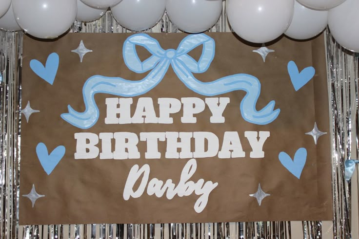 a happy birthday banner with balloons and streamers