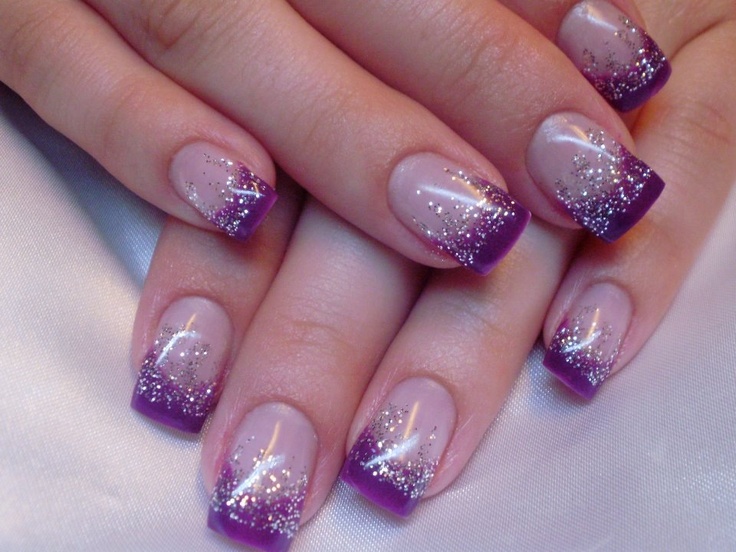 Fingernails Designs, Girlfriend Ideas, Nail Art Tattoo, Purple Manicure, Purple French, Purple Glitter Nails, Acrylic French, Purple Nail Art, Glitter Manicure