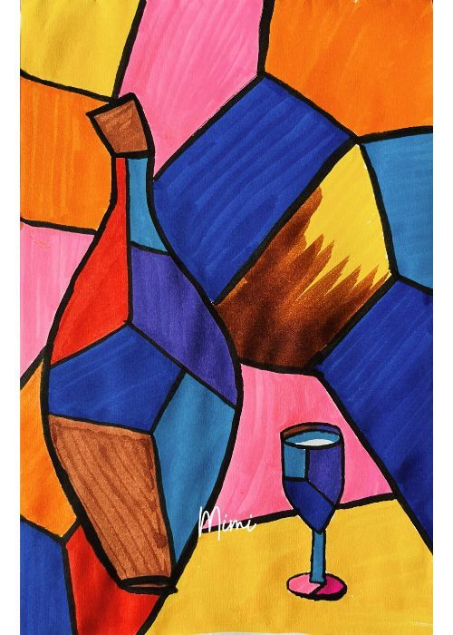 a drawing of a wine glass and bottle on a colorful background with the word love written below it