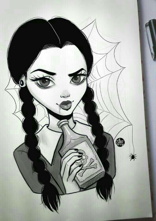 a drawing of a girl holding a bottle with spider webs on the wall behind her