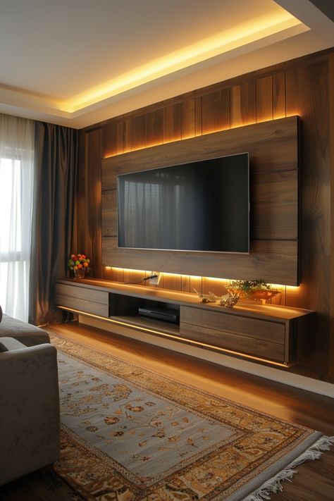 a living room with a large flat screen tv mounted to the side of a wall