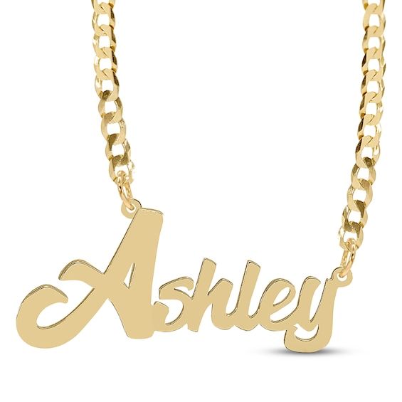 Create a look all their own with this personalized necklace. Crafted in 14K yellow gold The name you choose is written out in script and centered along a bright and bold curb chain The 18-inch necklace secures with a lobster clasp Anniversary Nameplate Chain Necklace, Nameplate Chain Necklace, Anniversary Nameplate Necklace With Curb Chain, Personalized 14k Gold Chain Necklace For Anniversary, Gold Signature Nameplate Necklace, Signature Gold Necklaces With Name, 14k Yellow Gold Name Necklace With Curb Chain, Name Necklace With Pendant On Curb Chain As Gift, 14k Gold Signature Nameplate Necklace