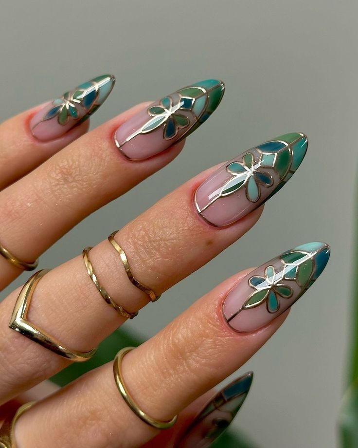 Mosaic Nail Art, Really Teal, Stained Glass Nails, Blush Veil, Tape Nail Art, Glass Nails Art, Stone Nail Art, Rose Gold Chrome, Foil Nail Art